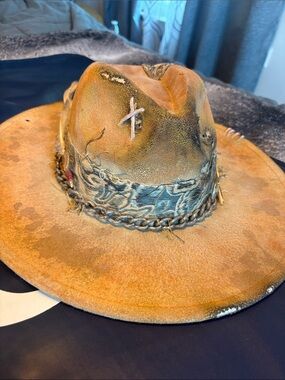 Women’s Distressed Brown Leather Hat with Decorative Band- Raven